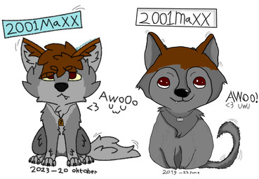 brown_hair comparing comparison feral fur grey_body grey_fur hair male name_tag red_eyes solo text 2001maxx conditional_dnp maxx_(2001maxx) canid canine canis domestic_dog husky mammal nordic_sled_dog spitz