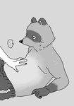 animal_crossing blush bodily_fluids canid canine clothed clothing duo ellipsis hand_on_belly k.k._slider looking_off_screen looking_offscreen male male/male mammal monochrome nintendo overweight overweight_male pasikon raccoon_dog slightly_chubby sweat tanuki tom_nook_(animal_crossing) topless