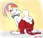 anthro anus backsack balls blue_eyes butt clothed clothing fur genitals looking_back male mostly_nude open_mouth overalls overalls_down presenting presenting_anus presenting_hindquarters raised_tail simple_background smile solo tail topless white_body white_fur red-9 disney who_framed_roger_rabbit roger_rabbit lagomorph leporid mammal rabbit 2018