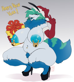 anthro areola big_breasts biped blue_body breasts christmas_clothing christmas_headwear clothing eyelashes female fur green_hair hair hat headgear headwear holidays huge_breasts looking_at_viewer mostly_nude navel navel_piercing nipple_piercing nipples overweight overweight_female piercing pubes pupils red_clothing santa_hat simple_background smile solo thick_thighs three-quarter_view karakylia christmas didi_(karakylia) arthropod insect hi_res