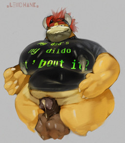 aged_up anthro backwards_baseball_cap backwards_hat balls baseball_cap belly belly_overhang big_balls big_belly big_moobs big_muscles big_pecs bodily_fluids bottomless bottomless_anthro bottomless_male claws clothed clothing cum cum_drip dripping erection eyebrows facial_hair foreskin genital_fluids genitals glans grey_background hair hat headgear headwear horn huge_balls huge_belly huge_moobs huge_pecs humanoid_genitalia humanoid_penis implied_incest lactating lactating_through_clothing looking_at_viewer male male_lactation milk moobs muscular narrowed_eyes non-mammal_balls overweight overweight_anthro overweight_male pecs penis shirt simple_background smile solo spiked_balls spikes spikes_(anatomy) stubble t-shirt teeth text text_on_clothing text_on_shirt text_on_topwear thick_thighs topwear wet wet_clothing lewdhank mario_bros nintendo bowser_jr. koopa scalie 2025 english_text signature