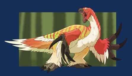 ambiguous_gender big_claws black_claws border claws feathers feral green_body green_stripes head_tuft neck_tuft open_mouth pattern_background pupils red_body red_feathers red_stripes red_tongue sharp_teeth simple_background slit_pupils solo striped_background striped_neck stripes tail teeth tongue tuft white_body white_border white_feathers swampjaws dinosaur prehistoric_species reptile saurischian scalie therizinosaurid theropod hi_res