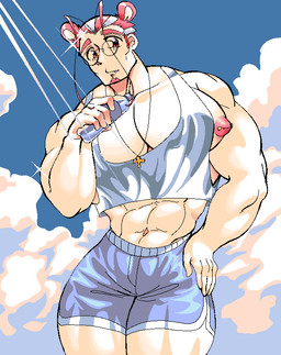 abs areola barazoku barbell_piercing big_muscles big_nipples big_pecs blue_bottomwear blue_clothing blue_shirt blue_shorts blue_sky blue_tank_top blue_topwear bottle bottomwear clothing cloud container cross cross_necklace day deltoids detailed_background hair hand_on_hip hand_on_own_hip holding_bottle holding_container holding_object holding_water_bottle huge_pecs jewelry male muscular muscular_humanoid muscular_male necklace nipple_piercing nipples pecs piercing pink_hair pink_nipples shirt shorts sky solo tank_top topwear trapezius v-cut water_bottle bara_moe_bitch animal_humanoid bear humanoid mammal mammal_humanoid ursid_humanoid absurd_res digital_media_(artwork) hi_res pixel_(artwork) portrait three-quarter_portrait