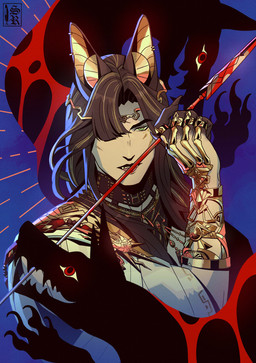 animal_ears arm_tattoo arrow_(weapon) black_eyebrows blue_background bracelet brown_hair brown_lips choker claws clothing ear_piercing ear_ring eyebrows gold_(metal) green_eyes hair jewelry lips logo long_hair looking_at_viewer male necklace pale_skin piercing pointy_ears prick_ears pupils ranged_weapon red_eyes ring ring_(jewelry) ring_piercing sharp_teeth silhouette simple_background slit_pupils snout solo tattoo teeth topwear wavy_hair weapon signoreratto canid humanoid mammal artist_logo half-length_portrait hi_res portrait