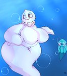 anthro belly big_breasts breasts bubble collar collar_only dewgong duo female fin gem generation_1_pokemon hi_res horn huge_breasts legless lightmizano nintendo nude pearl_(gem) pokemon pokemon_(species) simple_background underwater water white_body white_eyes