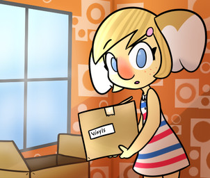 3_fingers anthro big_nose black_eyebrows blonde_hair blue_eyes blue_stripes box cardboard cardboard_box clothed clothed_anthro clothed_female clothing container detailed_background dipstick_ears dress ear_markings eyebrow_through_hair eyebrows female female_anthro fingers fluffy_ears freckled_face freckles fur hair holding_box holding_container holding_object inside looking_at_viewer multicolored_clothing multicolored_dress multicolored_ears open_mouth orange_wall pattern_clothing pattern_dress pattern_wall pink_hair_bow pink_mouth red_nose red_stripes solo standing striped_clothing striped_dress stripes text translucent translucent_hair white_clothing white_dress white_ear_tips window yellow_body yellow_fur cookieboy011 animal_crossing nintendo alice_(animal_crossing) koala mammal marsupial vombatiform 2019 colored digital_drawing_(artwork) digital_media_(artwork) english_description english_text portrait shaded story story_in_description three-quarter_portrait