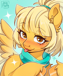 blonde_hair blush blush_lines eyelashes feathered_wings feathers female feral fur hair high_ponytail hooves looking_at_viewer orange_eyes ponytail scarf solo teal_scarf tongue tongue_out wings yellow_body yellow_fur javafluffy hasbro my_little_pony mythology fan_character equid equine mammal mythological_creature mythological_equine pegasus colored digital_drawing_(artwork) digital_media_(artwork) hi_res shaded