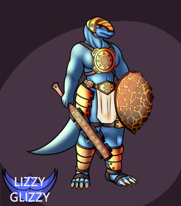 anthro biped blue_body blue_scales blue_tail bottomwear brown_clothing claws clothing holding_melee_weapon holding_object holding_shield holding_sword holding_weapon legwear loincloth melee_weapon orange_clothing orange_eyes scales shield solo sword tail topwear weapon white_claws yellow_clothing lizzyglizzy lizard reptile scalie 2023 absurd_res digital_drawing_(artwork) digital_media_(artwork) hi_res watermark
