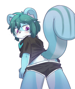 ambiguous_gender anthro big_tail black_bottomwear black_clothing black_nose black_shirt black_shorts black_topwear blue_body blue_ears blue_fur blue_hair blue_tail blush blush_lines bottomwear butt clothing embarrassed eyebrows fur hair inner_ear_fluff kemono looking_back looking_down looking_down_at_self low-angle_view multicolored_body multicolored_fur neckwear purple_eyes shirt shorts solo squirrel_tail tail topwear tuft white_body white_fur young young_ambiguous young_anthro riunamo mammal rodent sciurid tree_squirrel 2025 hi_res