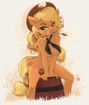 anthro anthrofied apple barrel blonde_hair breasts clothing convenient_censorship cowboy_hat female food fruit green_eyes hair hat headgear headwear mostly_nude navel plant sitting sitting_on_barrel smile solo edtropolis friendship_is_magic hasbro my_little_pony applejack_(mlp) earth_pony equid equine horse mammal pony 2025 absurd_res hi_res