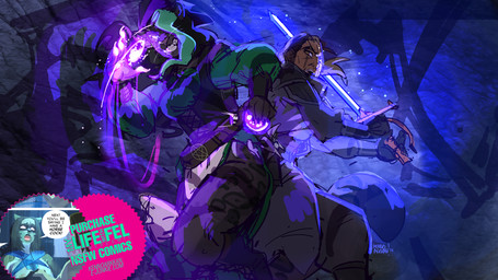 advertisement anthro black_hair blonde_hair duo fantasy female hair leopard_spots magic male melee_weapon pawpads potion_bottle spots sword weapon kenno_arkkan caitlyn_jofressa felid human leopard mammal pantherine 16:9 2023 digital_media_(artwork) hi_res widescreen