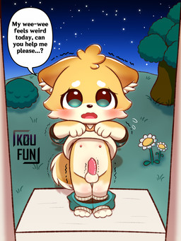 animal_genitalia animal_penis anthro blush bodily_fluids bottomwear bottomwear_down canine_genitalia canine_penis clothed clothing clothing_lift daisy_(flower) doorway erection flower fur genitals grass isaki_kokoro looking_at_viewer looking_up male night nipples open_mouth outside pants pants_down partially_clothed penis plant pleading_eyes presenting presenting_penis shaking shirt shirt_lift shota shrub sky solo speech_bubble standing star starry_sky sweat text topwear tree trembling undressing undressing_self yellow_body yellow_fur young koufun petit_planet isaki_(petit_planet) canid canine canis domestic_dog mammal shiba_inu spitz 3:4 english_text hi_res