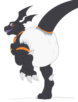 anthro big_bulge big_diaper big_tail bulge butt claws clean_diaper clothed clothing diaper diaper_fetish diaper_only diaper_tape happy head_wings huge_bulge jogging looking_at_viewer looking_back looking_over_shoulders male padding paws presenting presenting_hindquarters raised_leg raised_paw raised_tail revealing_outfit running seductive skimpy smile solo spread_legs spreading tail topless unusual_wing_placement wearing_diaper wings conditional_dnp samagthrav2 bandai_namco digimon data_(datahazard64) digimon_(species) guilmon absurd_res hi_res
