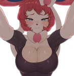 anthro big_breasts blue_eyes blush breasts cleavage close-up clothed clothing female first_person_view hands_down looking_at_viewer looking_down pink_body pokemorph simple_background solo white_background white_body yawar nintendo pokemon eeveelution generation_6_pokemon pokemon_(species) sylveon absurd_res hi_res