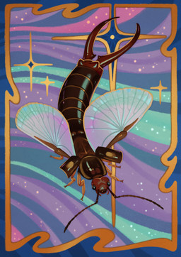 ambiguous_gender antennae_(anatomy) arthropod_abdomen black_eyes border brown_body cerci_(anatomy) cosmic_background feral glistening glistening_body insect_wings iridescent_wings looking_at_viewer multi_limb open_wings ornate_border pattern_background segmented_body simple_background solo sparkles striped_background wings yellow_border cuttledreams arthropod earwig insect oreasiobia_fedtschenkoi digital_drawing_(artwork) digital_media_(artwork) hi_res