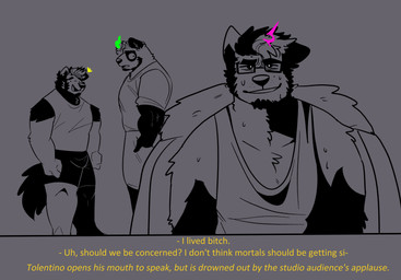 anthro bodily_fluids bottomwear briefs clothing dot_eyes eyewear fake_screencap glasses grey_background group male muscular muscular_anthro muscular_male open_mouth open_smile profanity shirt shorts simple_background simple_eyes smile solid_circle_eyes standing sweat tank_top teeth text topwear trio underwear yellow_text melaisen alvin_(melaisen) bau_(melaisen) tolentino_(melaisen) akita bear canid canine canis domestic_dog giant_panda mammal spitz 2023 absurd_res digital_drawing_(artwork) digital_media_(artwork) english_text hi_res monochrome