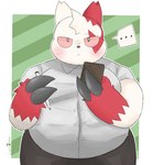 anthro belly big_belly biped blush bottomwear claws clothed clothing dress_shirt male notebook pen shirt simple_background solo topwear jimmiezangoo nintendo pokemon generation_3_pokemon pokemon_(species) zangoose 2022 digital_media_(artwork) hi_res