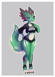 blue_eyes border clothing crop_top female green_body jacket shirt slim topwear white_border revillain nova_(xanedis) kobold absurd_res hi_res