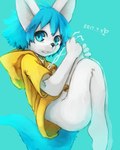 ambiguous_gender anthro blue_background blue_eyes blue_hair blue_tail bottomless chest_tuft clenched_teeth clothed clothing curled_up fetal_pose floating fluffy fur glistening glistening_eyes hair hoodie kemono knees_up looking_at_viewer open_mouth pupils saturated_colors simple_background solo tail teeth topwear tuft white_body white_fur yellow_clothing yellow_hoodie yellow_topwear young young_anthro naegi teru_(naegi) canid canine mammal 2019 absurd_res digital_media_(artwork) digital_painting_(artwork) hi_res unavailable_at_source