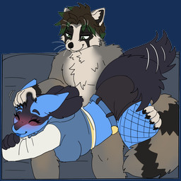 anthro blue_body blue_fur blue_lipstick blush blush_lines brown_hair clothing cropped_jacket demin_shorts duo female fishnet_clothing fur furniture green_highlights hair highlights_(coloring) holding_leg holding_thigh lipstick makeup male male/female mascara on_lap on_sofa petting pokemorph sofa tail tail_motion tailwag tan_body tan_fur ketzel99 arc_system_works guilty_gear nintendo pokemon ash_(asheod) bridget_(guilty_gear) j0lt canid canine generation_4_pokemon lucario mammal pokemon_(species) procyonid raccoon 1:1 alpha_channel digital_media_(artwork) hi_res