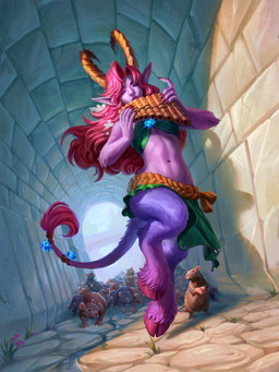 accessory ambiguous_gender belt brown_body brown_fur clothing cobblestone dutch_angle eyes_closed female feral fur furgonomics grass green_clothing group hair holding_flute hooves horn humanoid_pointy_ears low-angle_view navel pink_body pink_fur plant pointy_ears purple_body purple_fur red_hair size_difference tail tail_accessory ursula_dorada blizzard_entertainment hearthstone warcraft humanoid mammal murid murine rat rodent satyr 2021 3:4 absurd_res digital_media_(artwork) hi_res