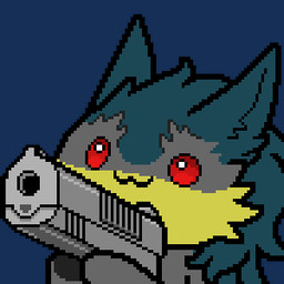 :3 anthro fur green_body green_fur grey_body grey_fur gun handgun holding_gun holding_handgun holding_object holding_pistol holding_ranged_weapon holding_weapon male pistol ranged_weapon red_eyes shooting shooting_gun simple_background smile solo transparent_background weapon yellow_body yellow_fur imreer brom_(sahurus) sergal 1:1 alpha_channel animated digital_media_(artwork) low_res meme pixel_(artwork) pixel_animation