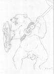 animal_genitalia anthro balls bottle_cap brandishing eyewear fighting_pose front_view fully_sheathed genitals glasses holding_object holding_weapon looking_away male musclegut muscular navel nude pose sheath shield simple_background snarling solo weapon white_background mizzyam coca-cola bear mammal 2013 absurd_res graphite_(artwork) greyscale hi_res monochrome signature traditional_media_(artwork)