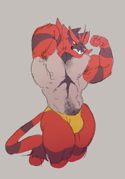 anthro arm_markings armpit_hair armpit_tuft biped black_body black_fur blush body_hair chest_markings clothing eyebrows flexing flexing_bicep fur green_eyes grey_background grey_body grey_fur hand_behind_head happy_trail leg_markings male markings nipples pink_nose red_body red_fur sharp_teeth simple_background solo speedo striped_markings striped_tail stripes swimwear tail tail_markings teeth thick_eyebrows thick_thighs underbite underwear yellow_clothing yellow_sclera yellow_underwear viridiusgreen nintendo pokemon felid generation_7_pokemon incineroar mammal pantherine pokemon_(species) 2024 colored_sketch hi_res sketch