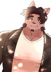 anthro black_hair clothing facial_hair hair jacket leather leather_clothing leather_jacket leather_topwear male mature_male muscular muscular_anthro muscular_male pecs shirt solo t-shirt topwear polarbearutopia lifewonders live_a_hero tsuneaki domestic_cat felid feline felis mammal hi_res