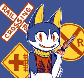 ambiguous_anthro ambiguous_gender anthro blood blood_on_hand blood_on_knife blood_on_object blue_background blue_body bodily_fluids clothed clothed_ambiguous clothed_anthro clothing crossing_sign eyelashes gloves_(marking) holding_knife holding_object iris knife looking_at_viewer markings noseless open_mouth open_smile pupils red_eyes sign simple_background sleeveless_shirt slit_pupils smile smiling_at_viewer solo stare sweater teeth topwear turtleneck white_body white_sclera yandere reality_undoer animal_crossing nintendo rover_(animal_crossing) domestic_cat felid feline felis mammal 2015 digital_drawing_(artwork) digital_media_(artwork) flat_colors half-length_portrait portrait male_(lore)