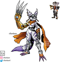 anthro belt blue_eyes breasts clothing cybernetic_arm cybernetic_limb ear_piercing ear_ring eyelashes eyewear eyewear_on_head featureless_breasts featureless_crotch female fingerless_gloves fur gloves goggles goggles_on_head handwear head_tuft piercing ring_piercing scarf solo_focus striped_body striped_fur stripes tuft white_body villiamboom1 bandai_namco digimon ratchet_and_clank sony_corporation sony_interactive_entertainment rivet_(ratchet_and_clank) digimon_(species) hybrid lombax mammal 1:1 2026 absurd_res hi_res