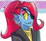 clothing eye_patch eyewear female hair jacket red_hair solo topwear toono_(artist) undertale undertale_(series) undyne animal_humanoid fish fish_humanoid humanoid marine marine_humanoid 2015