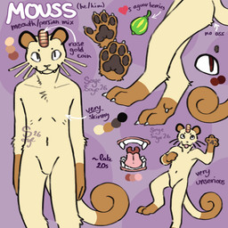 4_fingers 4_toes aguav_berry anthro arm_tuft black_nose brown_body brown_feet brown_fur brown_hands brown_inner_ear brown_markings brown_pawpads chest_tuft circle_eyebrows claws collarbone color_swatch curled_tail cute_fangs dewclaw directional_arrow emaciated_anthro emaciated_male eyebrows fangs featureless_crotch feet finger_claws fingers fluffy fluffy_chest food front_view fruit fur gold_(metal) heart_symbol koban_(coin) leg_markings leg_tuft long_tail looking_at_viewer looking_up male markings mouth_closed multiple_poses navel neck_tuft open_mouth pattern_background pawpads paws plant pokemon_berry pokemorph pose pronouns pupils purple_background red_eyes ribs round_ears side_view simple_background slit_pupils smile socks_(marking) solo stated_age tail tall tan_body tan_fur teeth text toe_claws toes tongue tongue_out tuft underlined_text whiskers white_claws white_text soyesoye nintendo pokemon mouss_(soyesoye) felid feline generation_1_pokemon hybrid hybrid_pokemon mammal meowth persian_(pokemon) pokemon_(species) 2026 character_name colored detailed digital_drawing_(artwork) digital_media_(artwork) english_text full-length_portrait hi_res line_art model_sheet portrait signature species_name three-quarter_portrait