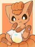 ambiguous_gender bodily_fluids clothing diaper feral genital_fluids messy peeing simple_background solo unclean_diaper urine used_diaper wet_diaper wetting rokesys nintendo pokemon generation_1_pokemon pokemon_(species) vulpix 3:4 hi_res