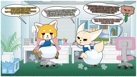 anthro big_diaper clean_diaper clothed clothing diaper embarrassed female group huge_diaper male text trio wearing_diaper tenerius aggretsuko sanrio director_ton fenneko retsuko ailurid canid canine domestic_pig fennec_fox fox mammal red_panda suid suine sus_(pig) true_fox 16:9 absurd_res english_text hi_res widescreen