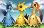 ambiguous_gender button_(fastener) button_eyes cloud cosplay feral front_view grass group legendary_birds legendary_trio outside plant text trio avoid_posting defiant_drills nintendo pokemon articuno generation_1_pokemon generation_7_pokemon legendary_pokemon mimikyu moltres pokemon_(species) zapdos 2016 absurd_res hi_res url watermark