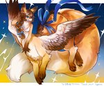 4_toes 5_fingers ahoge back_mane big_tail black_nose blue_bow blue_eyes blue_ribbon bow_(feature) bow_accessory bow_ribbon braided_hair braided_ponytail breasts brown_body brown_ear_tips brown_ears brown_feathers brown_fur brown_hair brown_inner_ear brown_inner_ear_fluff brown_wings chest_tuft claws detailed_fur digitigrade dipstick_ears dipstick_tail ear_markings eyelashes feathered_wings feathers featureless_breasts feet female finger_claws fingers fluffy fluffy_tail flying front_view fur glistening glistening_body glistening_fur glistening_tail gloves_(marking) hair hand_behind_head hindpaw huge_tail humanoid_hands inner_ear_fluff kemono leg_markings leg_tuft long_hair long_tail mane markings medium_breasts midair monotone_hair multicolored_body multicolored_ears multicolored_feathers multicolored_tail nude outside paws ponytail pupils quadruped shooting_star sky snout socks_(marking) solo space spacescape sparkles star starry_sky tail tail_markings text three-quarter_view toe_claws toes tuft two_tone_body two_tone_ears two_tone_feathers two_tone_tail two_tone_wings waist_bow white_body white_feathers white_fur white_tail white_tail_tip white_wings wings yellow_body yellow_ears yellow_fur yellow_tail hogara canid canid_taur canine canine_taur fox fox_taur mammal mammal_taur taur 2022 colored detailed digital_media_(artwork) english_text full-length_portrait portrait shaded