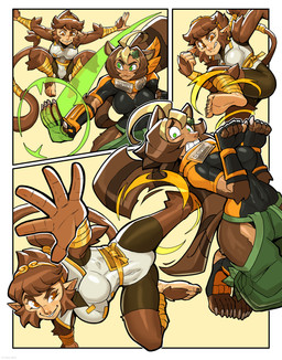 5_fingers 5_toes accessory ahoge arm_tuft arm_wraps asian_clothing athletic athletic_female barefoot bodily_fluids bodysuit brown_body brown_fur brown_hair brown_nails brown_skin clenched_teeth clothed clothing colored_nails duo ear_piercing ear_ring east_asian_clothing elbow_tuft feet female fight fingerless_gloves fingers fishnet_clothing fishnet_topwear fist fur gloves green_eyes grin hair hair_accessory hairpin handwear headband humanoid_feet japanese_clothing kick leaf leg_tuft leg_wraps legwear leotard markings nails navel orange_eyes piercing plantigrade ponytail ring_piercing scarf sharp_nails short_hair skinsuit smile striped_markings striped_tail stripes tail tail_markings tail_wraps tan_body tan_skin tears teeth tight_clothing toeless_legwear toes topwear tuft wraps ceehaz asian_mythology east_asian_mythology japanese_mythology mythology taimi_(ceehaz) yu_yu_(ceehaz) animal_humanoid ape canid canid_humanoid canine canine_humanoid haplorhine humanoid mammal mammal_humanoid monkey monkey_humanoid primate primate_humanoid raccoon_dog tanuki tanuki_humanoid yokai 2020 absurd_res comic hi_res