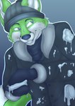 anthro beany black_nose clothed clothing facial_markings fur green_body green_eyes green_fur hair head_markings headgear headwear jacket male markings simple_background smile snow snow_balls solo teeth topwear white_body white_fur winter jay_lee_san fidget_the_fox canid canine fox mammal digital_media_(artwork)