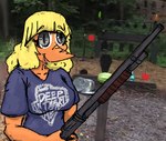 2024 anthro blonde_hair breasts cavemanon_studios digital_drawing_(artwork) digital_media_(artwork) dinosaur eyelashes faustanon female freckled_face freckles grey_eyes gun hair heather_(snoot_game) holding_gun holding_object holding_ranged_weapon holding_weapon long_hair open_mouth open_smile orange_body orange_scales photo_background photography_(artwork) prehistoric_species ranged_weapon reptile scales scalie shotgun smile snoot_game snout solo weapon