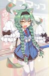 accessory ahoge black_clothing blue_clothing blush bottomwear braided_hair breasts clothed clothing collared_shirt cute_fangs fangs female female_humanoid frilly frilly_clothing fur green_body green_ears green_fur green_hair hair hair_accessory hairband id_card inner_ear_fluff legwear long_hair long_sleeves looking_at_viewer markings mole_(marking) necktie open_mouth pupils red_clothing ribbons skirt slit_pupils small_breasts solo stockings teeth text text_on_clothing text_on_topwear text_on_vest tongue topwear tuft vest white_clothing yellow_eyes shino_(artist) azur_lane akashi_(azur_lane) animal_humanoid cat_humanoid felid felid_humanoid feline feline_humanoid humanoid mammal mammal_humanoid 2020 absurd_res digital_media_(artwork) english_text hi_res japanese_text portrait three-quarter_portrait translated