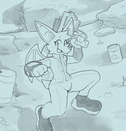 4_fingers anthro big_ears clothed clothing fingers hazard_symbol jacket looking_at_viewer male open_mouth open_smile outside pip-boy radiation_symbol skyline small_tail small_waist smile solo symbol tail topwear wasteland weapon wings jetainga fallout microsoft bat mammal black_and_white hi_res monochrome