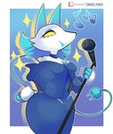 anthro blue_clothing blue_dress blue_hair breasts cable_tail clothed clothing dress electronics female fingers floating_hands fur hair hand_on_hip holding_object machine microphone microphone_stand musical_note musical_symbol open_mouth simple_background singing smile solo standing symbol tail yellow_eyes onigiri_punch deltarune undertale_(series) tasque_manager darkner felid feline mammal robot absurd_res digital_media_(artwork) hi_res