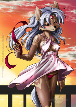 accessory anthro blush breasts clothing dress female forehead_gem gem grey_hair hair hair_accessory hair_ribbon markings mature_anthro mature_female panties ribbons solo sunset tail underwear abluedeer miya_(skimike) canid canine mammal digital_media_(artwork) hi_res shaded