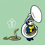 ambiguous_gender anthro biped blue_clothing brass_instrument cjk_character clothing duo feral flower green_background green_body hat headgear headwear legless marching_band_uniform musical_instrument plant playing_music playing_tuba simple_background text tuba white_text wind_instrument year young tsuchika chinese_zodiac year_of_the_snake bear mammal reptile scalie snake 1:1 2025 hi_res
