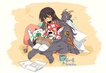 anthro black_body black_fur black_hair clothing female footwear fur group hair male red_body red_fur sleeping slightly_chubby socks suspenders trio young ta_me_ba lifewonders tokyo_afterschool_summoners salomonkun zhurong_(tas) ailurid bovid caprine goat human mammal red_panda hi_res