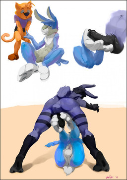 anthro anthro_on_anthro balls biped black_balls black_body black_eyebrows black_fur black_glans black_nose black_penis blue_balls blue_body blue_ears blue_fur blue_hair blue_perineum blue_tail bodily_fluids brown_body brown_fur brown_toes butt close-up duo erection eyebrows feet flaccid foot_fetish foot_play footjob foreskin front_view fur genital_close-up genital_fluids genitals glans gloves_(marking) grey_balls grey_body grey_eyes grey_fur grey_inner_ear grey_penis hair humanoid_genitalia humanoid_penis interspecies leaning leaning_backward long_ears lying male male/male markings on_back orange_body orange_ears orange_fur orange_hair orange_tail penile penis penis_close-up perineum precum retracted_foreskin scut_tail sex short_hair short_tail simple_background sitting spread_legs spreading striped_body striped_fur striped_legs stripes tail teeth white_body white_fur oselotti domestic_cat felid feline felis lagomorph leporid mammal rabbit 2014 dated hi_res signature