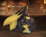 anthro bar belly big_belly black_body black_fur blue_eyes fur grey_body grey_skin long_ears paws short_tail solo tail vore yellow_body yellow_fur cmitchell nintendo pokemon nova_(meganovav1) generation_4_pokemon lagomorph leporid lopunny mammal pokemon_(species) rabbit 5:4 absurd_res hi_res