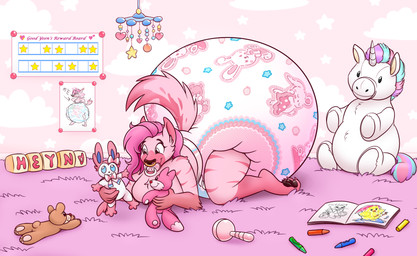 anthro big_diaper bunnyhopps_(diaper) clothed clothing coloring_book crayon diaper eating_crayon female fur huge_diaper nursery object_in_mouth pacifier pacifier_in_mouth pink_body pink_fur plushie pokemon_plushie printed_diaper solo toy wearing_diaper loverk90 abuniverse bunnyhopps littleforbig nintendo pokemon eeveelution generation_6_pokemon hyena mammal pokemon_(species) sylveon absurd_res hi_res