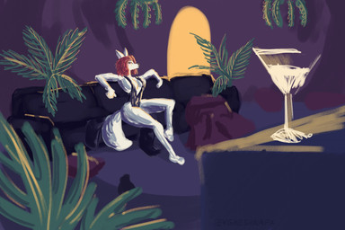 anthro black_clothing black_dress blue_background clothing container cup dark detailed_background dress female furniture glass glass_container glass_cup hair looking_at_viewer plant red_hair short_hair simple_background sitting sofa solo evgheshkafx canid canine canis mammal wolf